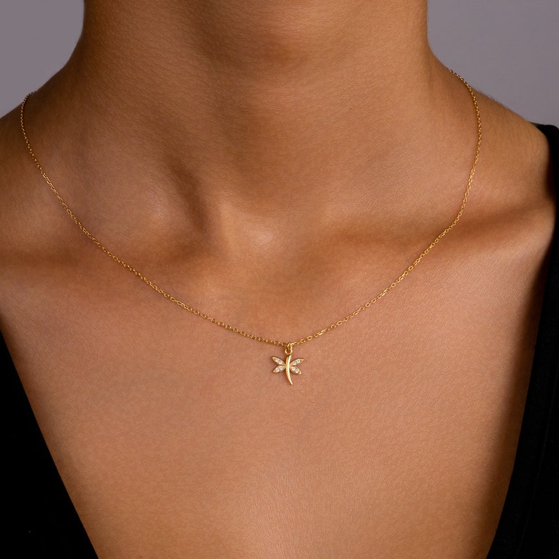 14K Gold Dragonfly Necklace , Dragonfly Pendant , 925 Sterling Silver Dragonfly Necklace , Women for Necklace , Gift for Mom , Grandmother image 3