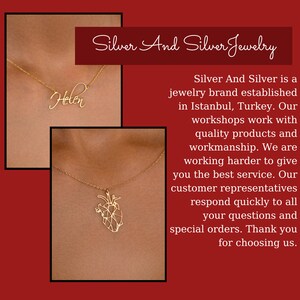 May include: Two gold necklaces with delicate chains. One necklace features a pendant with the name "Helen" written in cursive. The other necklace has a geometric heart pendant. The necklaces are displayed against a red background with the text "Silver And Silver Jewelry".