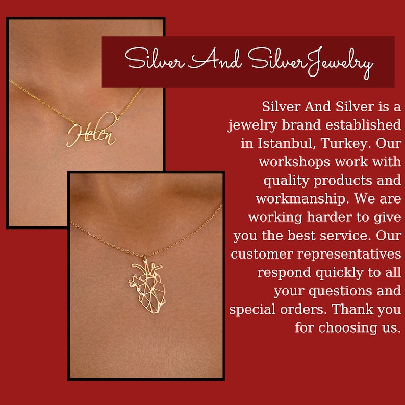 May include: Two gold necklaces with delicate chains. One necklace features a pendant with the name "Helen" written in cursive. The other necklace has a geometric heart pendant. The necklaces are displayed against a red background with the text "Silver And Silver Jewelry".