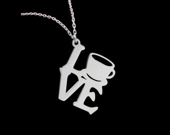 Love Lettering Cup Necklace , Coffee Lover Necklace , 925 Sterling Silver , Minimalist Jewelry