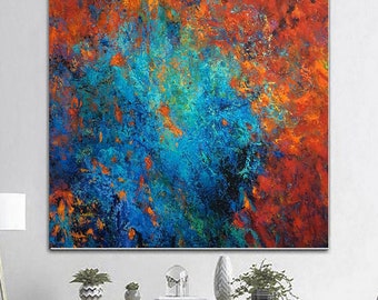Large Blue and Red Abstract Painting on Canvas: Modern Wall Art