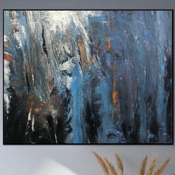 Abstract Blue Paintings on Canvas, Modern Oil Painting, Heavy Textured Artwork, Creative Scandic Shic Painting for Living Room Wall Decor