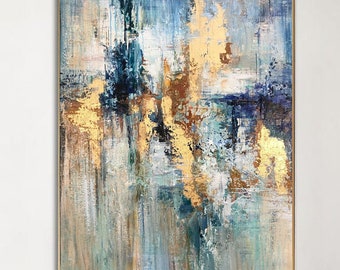 Gold and Blue Abstract Painting – Modern Textured Art