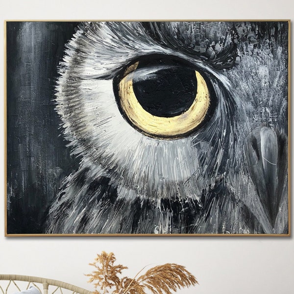 17.7x23.6 "Grandes pinturas abstractas originales de búhos sobre lienzo Pintura texturizada de ojos de pájaro Óleo Pintado a mano Arte Ucrania Artista para sala de estar