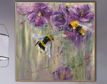 Original Abstract Flowers Paintings On Canvas Purple Bouquet Painting Bee Painting Impasto Acrylic Impressionist Art Nature Wall Art Canvas