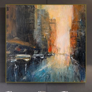 Original Brooklyn Cityscape Painting Abstract City Sunset Wall Art