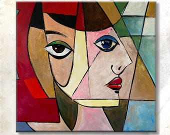 Colorful Cubist Portrait - Abstract Geometric Face Art Radiant Reflections Art Figurative Art Vibrant Wall Art 40x40&quot;