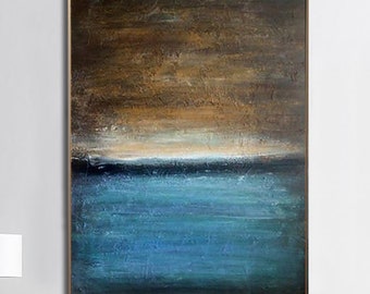 Blau Braun Abstrakte Malerei Horizon: Große Strukturierte Impasto Leinwand Moderne Meer Wandkunst