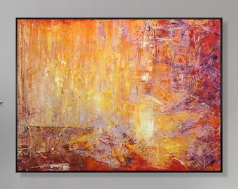 Gran pintura al óleo abstracta naranja sobre lienzo: arte mural moderno enmarcado
