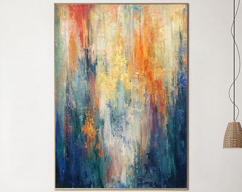 Abstract Colorful Paintings On Canvas Expressionist Artwork In Orange And Blue Colors Textured Oil Painting Hand Painted Art for Living Room