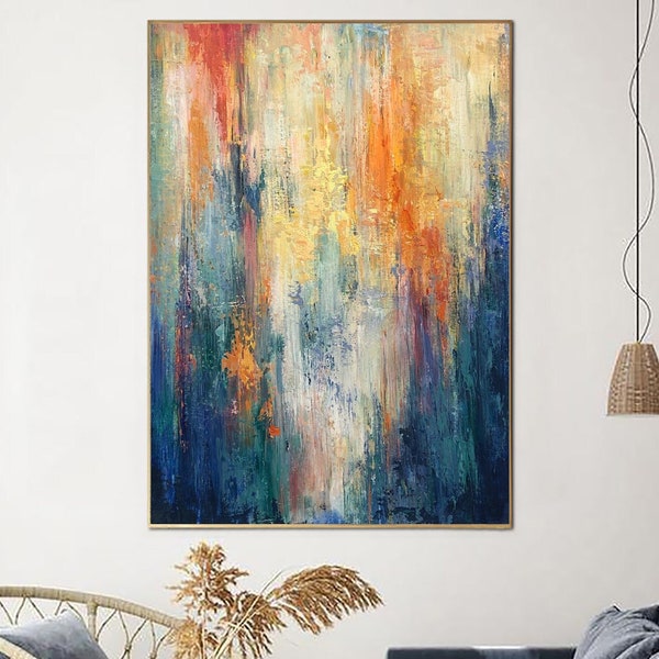 Peintures abstraites colorées sur toile, oeuvre expressionniste aux couleurs orange et bleu, peinture à l'huile texturée, oeuvre d'art peinte à la main pour le salon