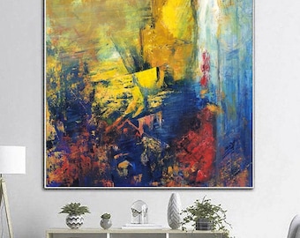 Bright Yellow Blue Abstract Painting Large: Colorful Textured Canvas Modern Wall Art