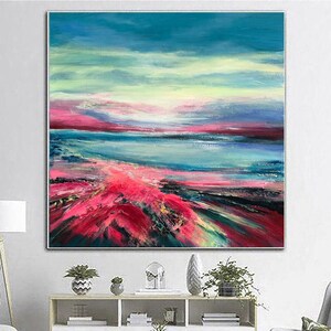 Large Abstract Landscape Wall Art Canvas Vibrant Painting Crimson Artwork Custom Painting in Size 40x40 Coastal Wall Art for Indie Decor