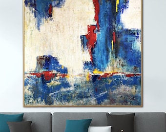 Large Abstract Textured Painting: Blue, Red, and White Original Artwork
