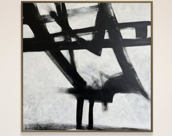 Black White Abstract Painting Large: Minimalist Textured Canvas Expressionist Wall Art