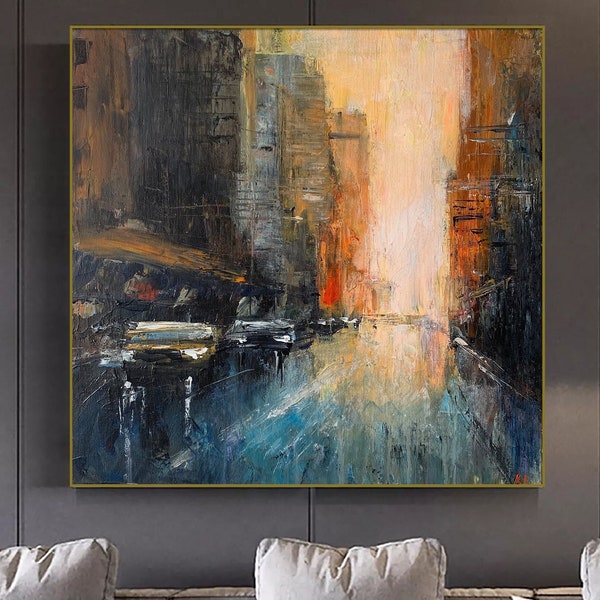 Original Abstract Brooklyn Cityscape Paintings On Canvas Long Island Wall Art Textured City Oil Painting Modern Streets Artwork Wall Decor