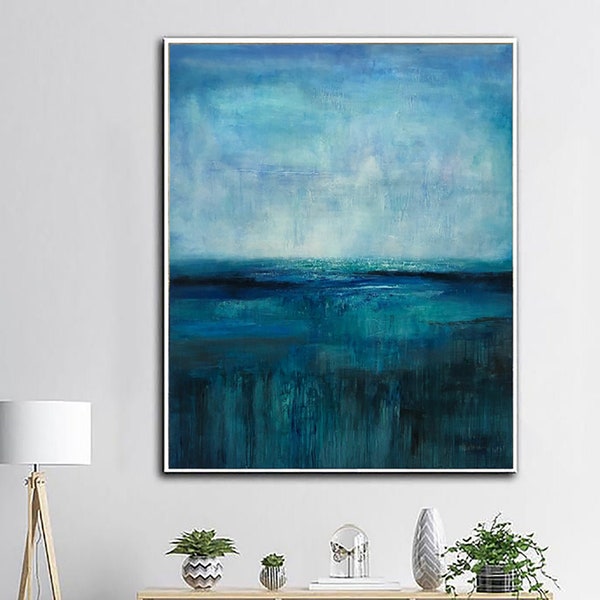 Abstract Seascape Painting Blue Canvas Art Ocean Painting Oil Artwork Textured Wall Art Vivid Painting Luxury Painting for Home Decor