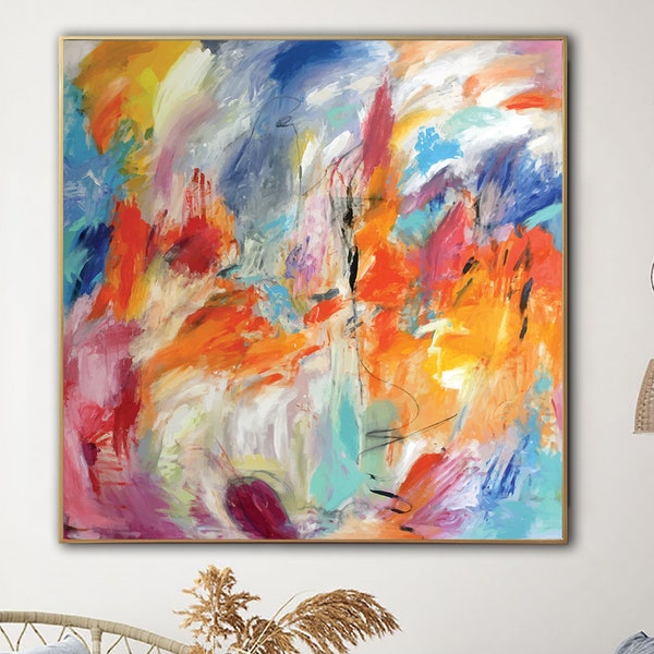 Große abstrakte bunte Gemälde auf Leinwand, expressionistische Kunst, Original-Acryl-Kunstgemälde, handgemalte Kunst für Wohnzimmer-Wanddekoration