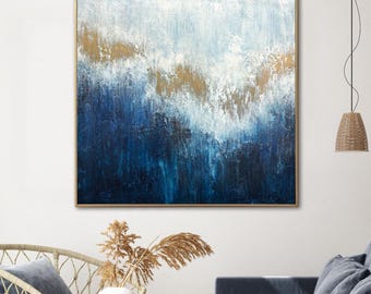 Navy Blue Gold Abstract Painting Textured Ocean Coastal Modern Wall Art