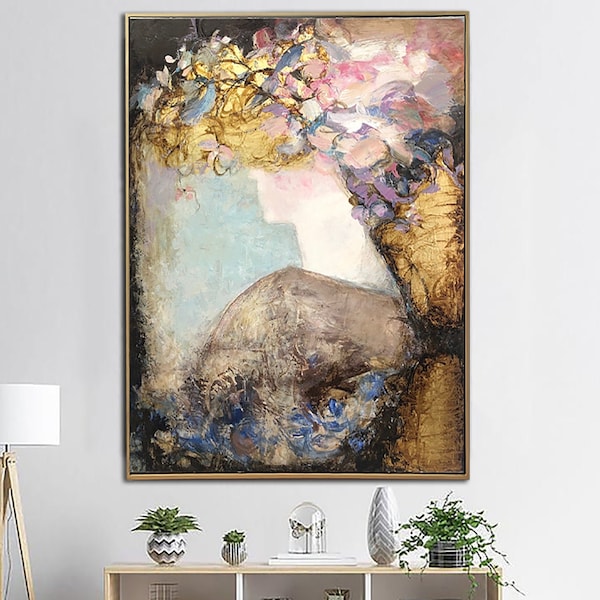 Abstract Figurative Paintings On Canvas Modern Colorful Artwork Woman With Flowers Art Luxury Fine Art Textured Painting for Fireplace Decor