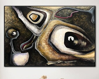 33x46" Abstract Oil Painting on Canvas: Textured Wall Art in Brown, Gold and Silver Colors as Contemporary Artwork for Modern Home Decor