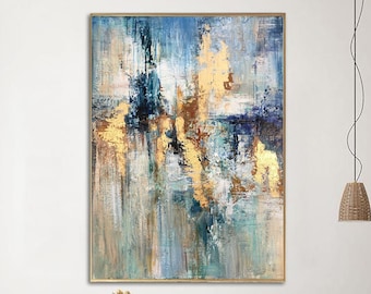 Abstract Painting Canvas Gold Leaf Wall Art Blue Artwork Textured Oil Art Contemporary Wall Art Luxury Painting for Fireplace Decor