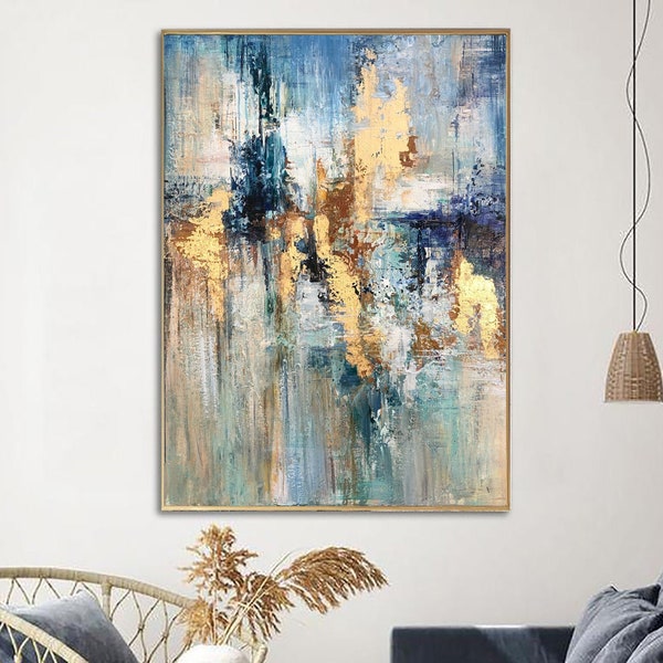 Abstract Painting Canvas Gold Leaf Wall Art Blue Artwork Textured Oil Art Contemporary Wall Art Luxury Painting for Fireplace Decor