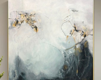 Large Original Abstract Blue And Gold Paintings On Canvas Contemporary Oil Painting Modern Rich Textured Gold Fine Art Wall Decor 46x46&quot;