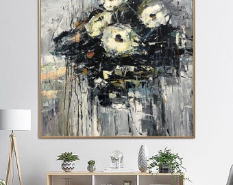 Textured Floral Abstract Painting White Flowers Grey Modern Wall Art Bouquet