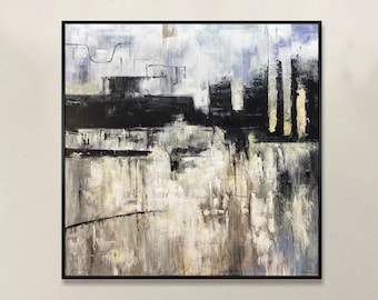 Urban Abstract Cityscape Painting – Black and White Modern Canvas Wall Art