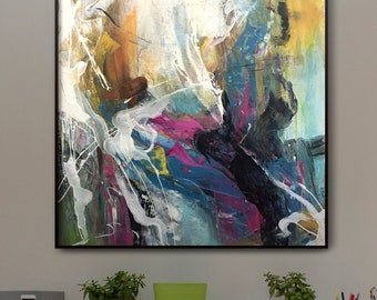 Pink Blue Yellow Abstract Vibrant: Large Textured Impasto Canvas Painting Modern Wall Art