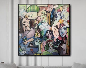 Cubist Crowd Painting Colorful Abstract Faces Textured Modern Wall Art