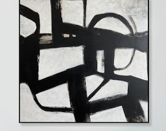 Black White Abstract Painting Large: Square Textured Canvas Modern Geometric Art