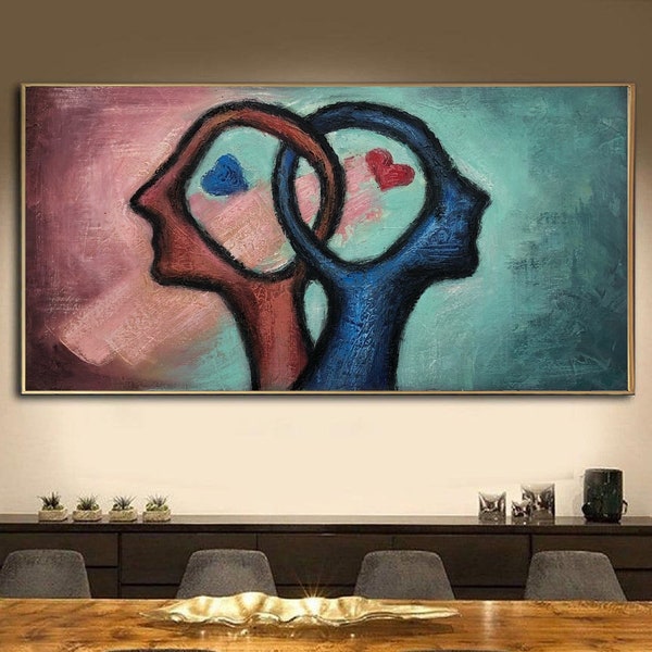 Abstract Human Painting on Canvas Colorful Wall Art Figurative Artwork Custom Painting in Size 18x36 Couple Painting for Home Decor
