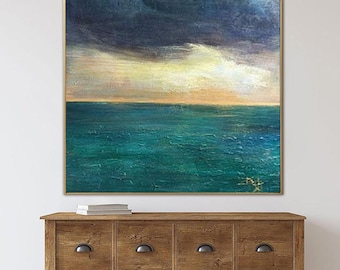 Ocean Sunset Painting – Blue Sea & Stormy Sky Wall Art