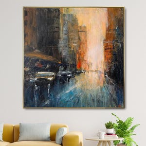 Large Abstract Cityscape Painting – Modern Brooklyn Sunset Wall Art, Urban Street Canvas Decor