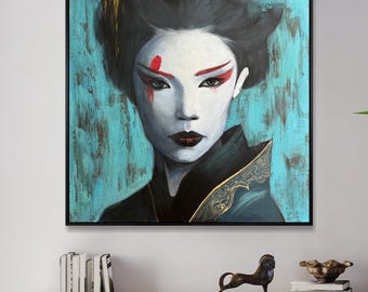Abstract Chinese Woman Oil Painting: Green Geisha Wall Art