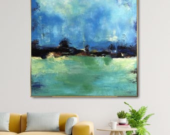 Blue Green Abstract Landscape Painting | Textured Wall Art for Home