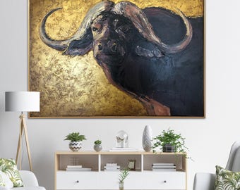 African Buffalo Painting Gold Background Textured Wildlife Wall Art