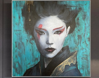 Abstract Chinese Woman Original Female Oil Painting on Green Geisha Wall Art Decor for Living Room WU ZETIAN