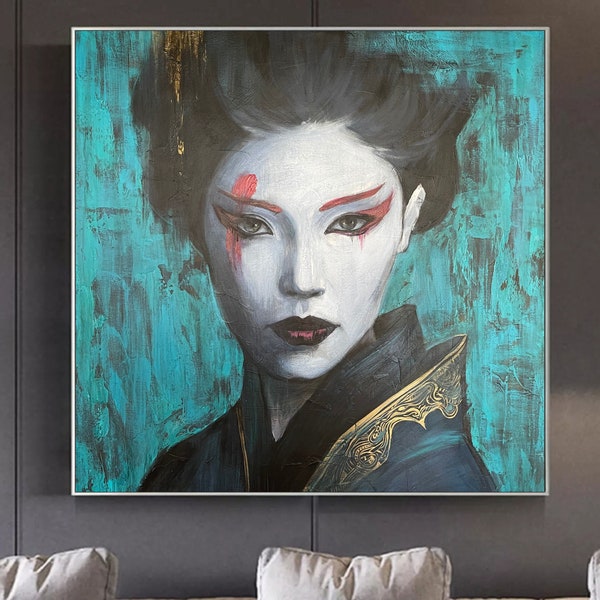 Abstract Chinese Woman Original Female Oil Painting on Green Geisha Wall Art Decor for Living Room WU ZETIAN