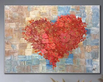 Large Flower Heart Paointing Oil Painting on Canvas Abstract Flowers Painting Romantic Wall Art Abstract Canvas Wall Art Large Wall Decor