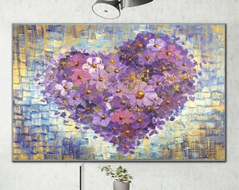 Flowers Heart Oversize Painting Acrylic Purple Paintings For Bedroom Canvas Artwork 60x90"  Large Original Abstract Painting On Canvas