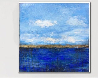 Grote abstracte zeegezicht schilderijen op canvas bladgoud moderne abstracte oceaan Fine Art blauw schilderij muur kunst voor woonkamer muur decor