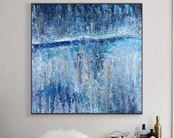 Blue Navy Abstract Painting Horizon: Large Textured Impasto Canvas Serene Modern Wall Art
