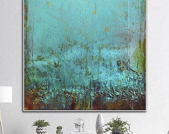 Pintura abstracta turquesa de gran tamaño: acrílico verde y azul sobre lienzo