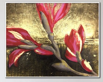 Abstract Flower Oil Painting On Canvas Gold Fine Art Acrylic Painting Modern Textured Painting Original Wall Art for Living Room Decor