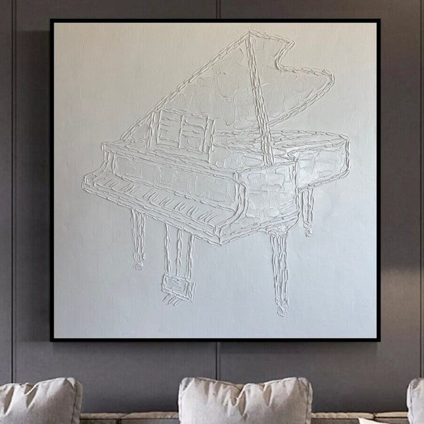 Original Grand Piano Oil Painting Abstract White Textured Wall Art Music Artwork for Bedroom Decor WHITE PIANO