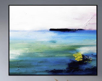 Abstract Seascape Wall Art Canvas Coastal Painting Original Oil Artwork Blue Painting Contemporary Wall Art for Lake House Decor
