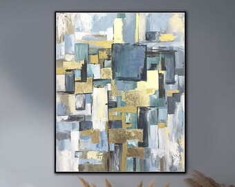 Abstract Blue Painting Gold Leaf Painting Modern Oil Painting Blue Art Canvas Gold Painting Original Oil Painting for Living Room